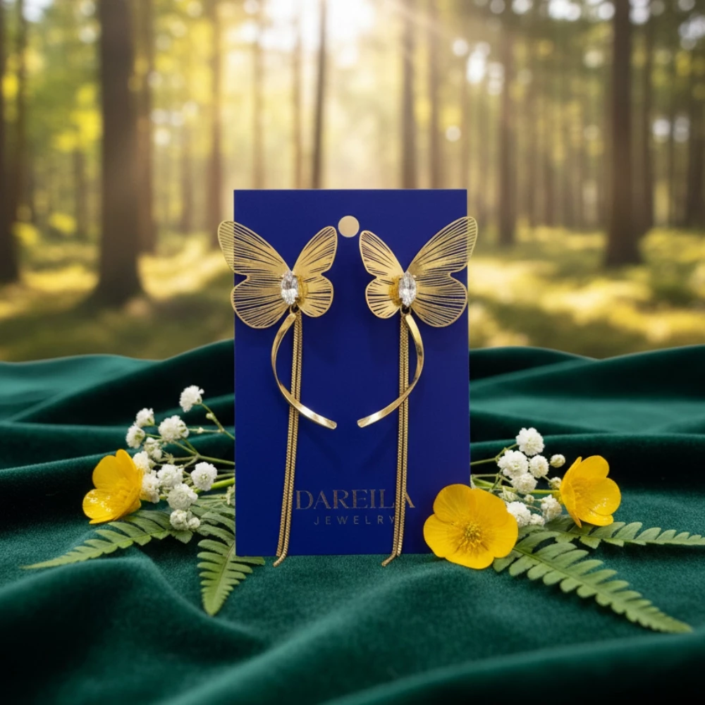 Qızılı Kəpənək Formalı Uzun Sırğalar