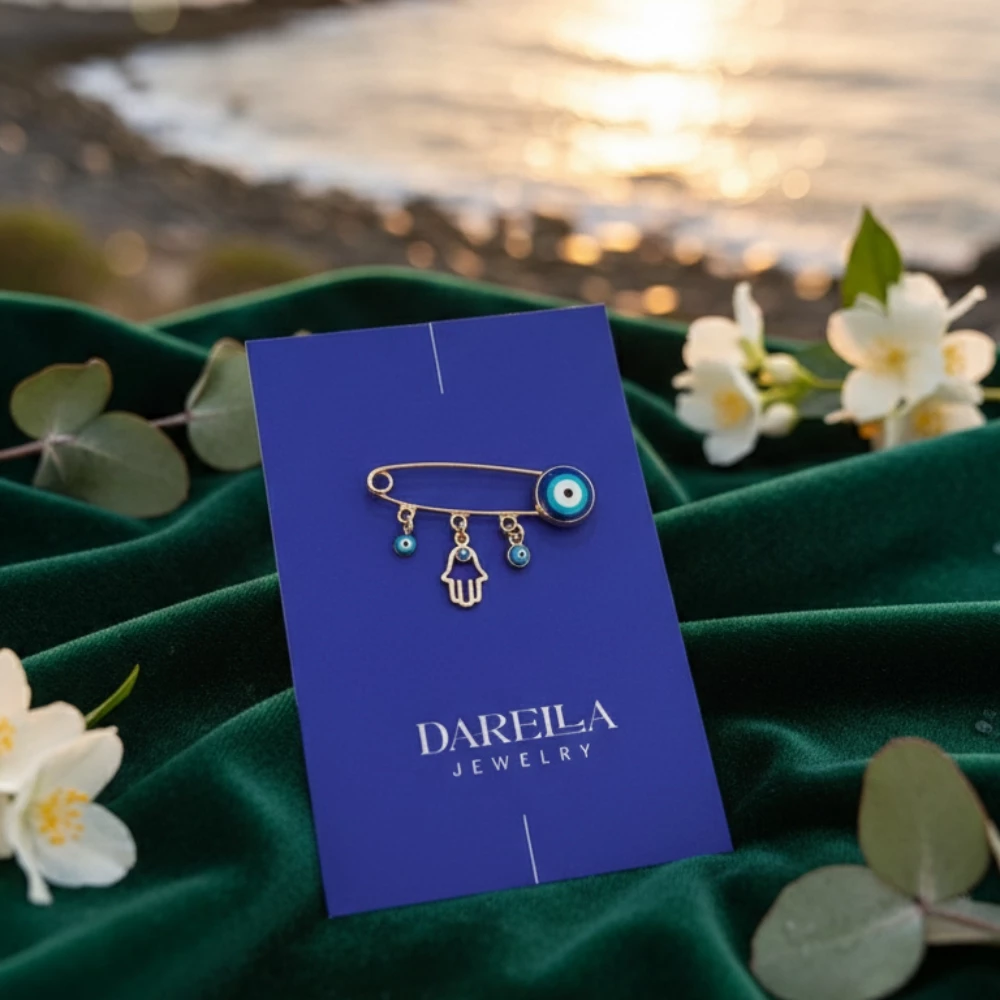 Həmzə və Nəzər muncuğu elementli qızılı sancaq (Broş)